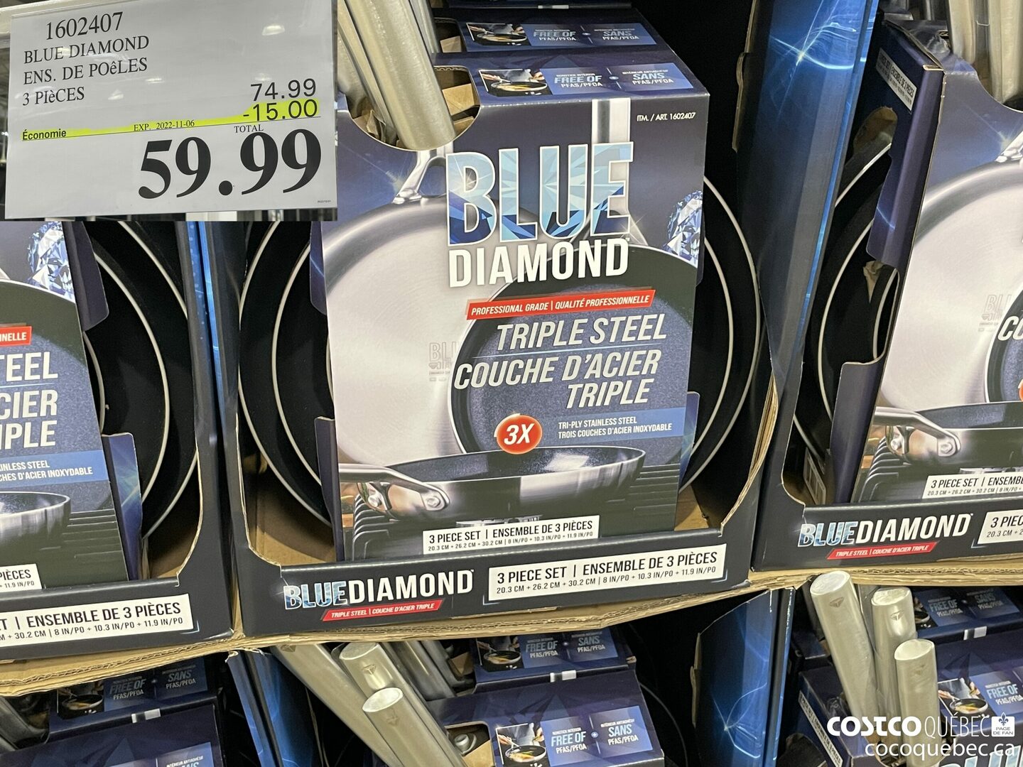 1602407 BLUE DIAMOND ENS. DE POéLES 3 PIéCES  ($15.00 INSTANT SAVINGS EXPIRES ON 2022-11-06) $59.99