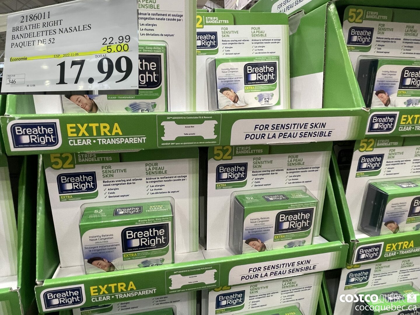 2186011 BREATHE RIGHT BANDELETTES NASALES PAQUET DE 52  ($5.00 INSTANT SAVINGS EXPIRES ON 2022-11-06) $17.99