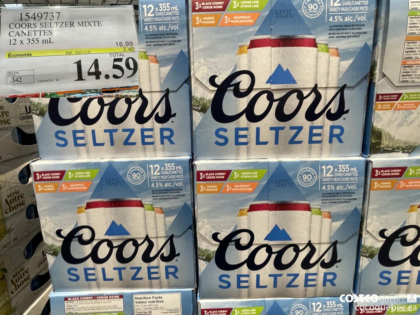 1549737 COORS SELTZER MIXTE  CANETTES ($2.40 INSTANT SAVINGS EXPIRES ON 2022-11-20) $14.59