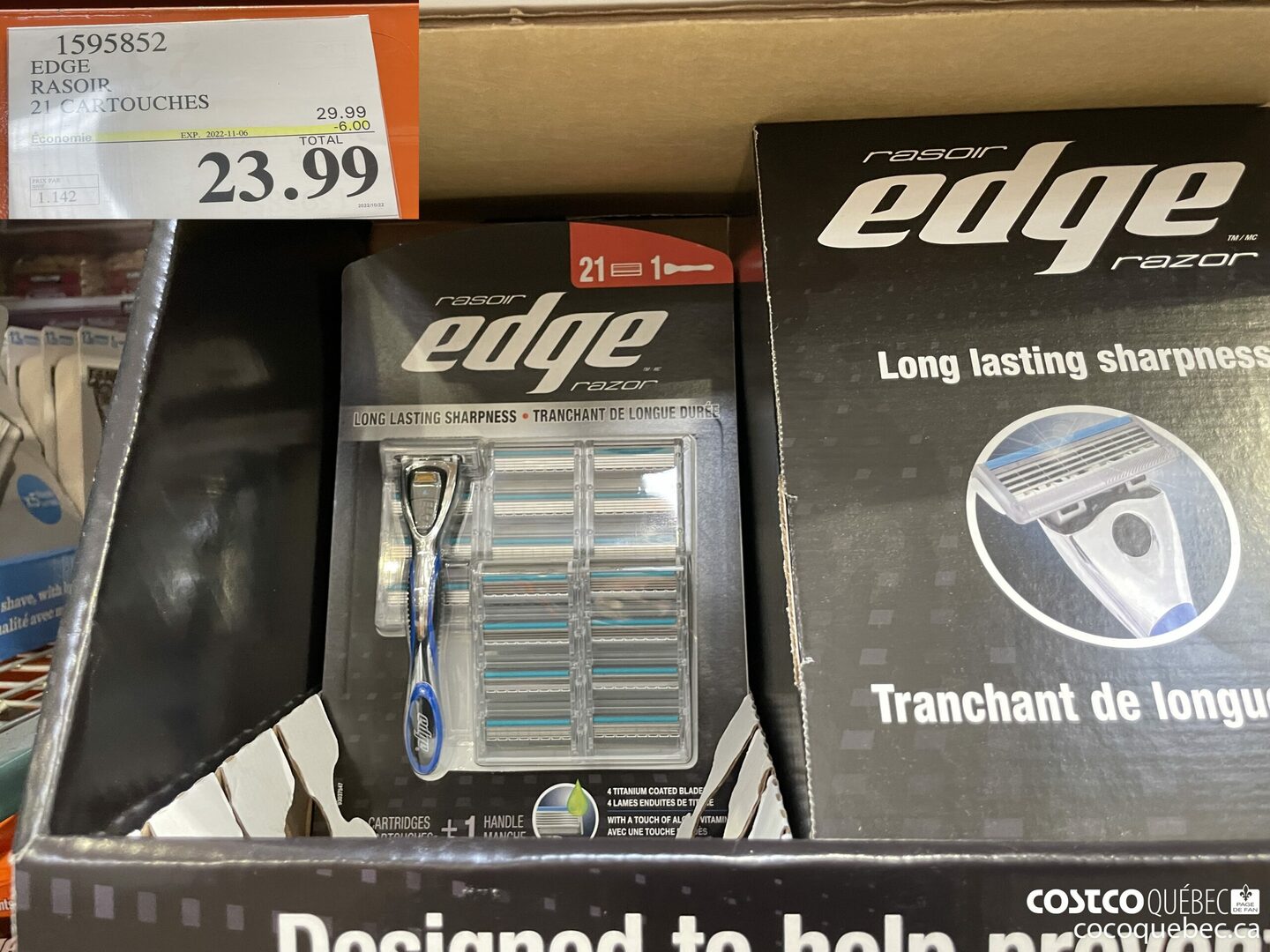 1505852 EDGE RASOIE 21 CARTOUCHES ($6.00 INSTANT SAVINGS EXPIRES ON 2022-11-06) $23.99