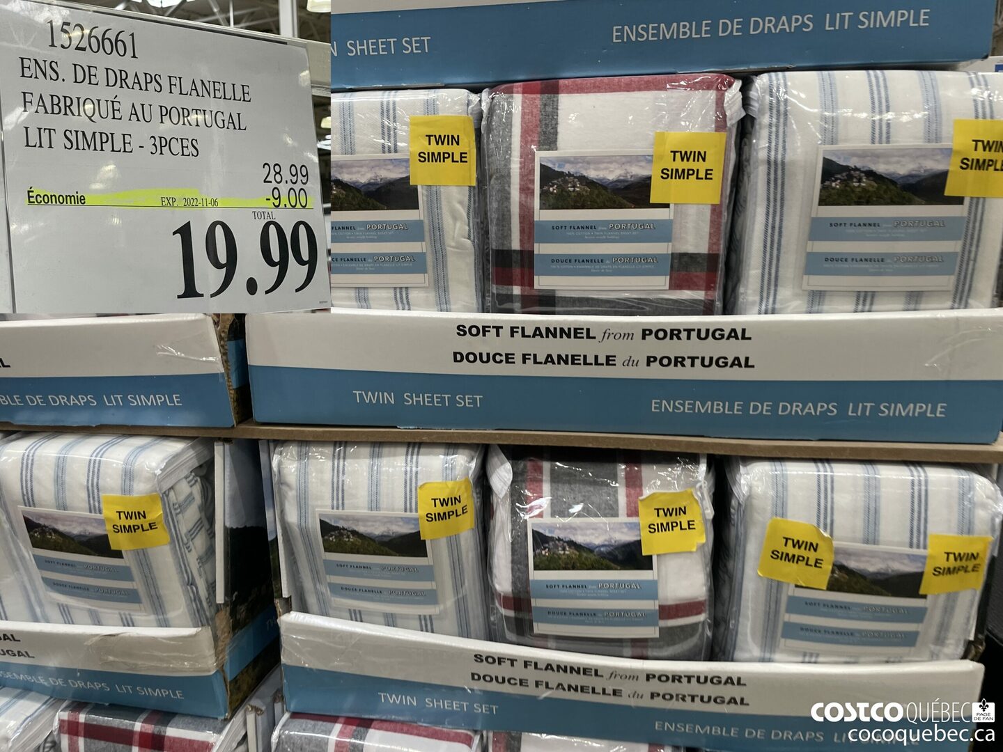 526661 ENS. DE DRAPS FLANELLE FABRIQUE AU PORTUGAL LIT SIMPLE - 3PCES 5 ($9.00 INSTANT SAVINGS EXPIRES ON 2022-11-06) $19.99