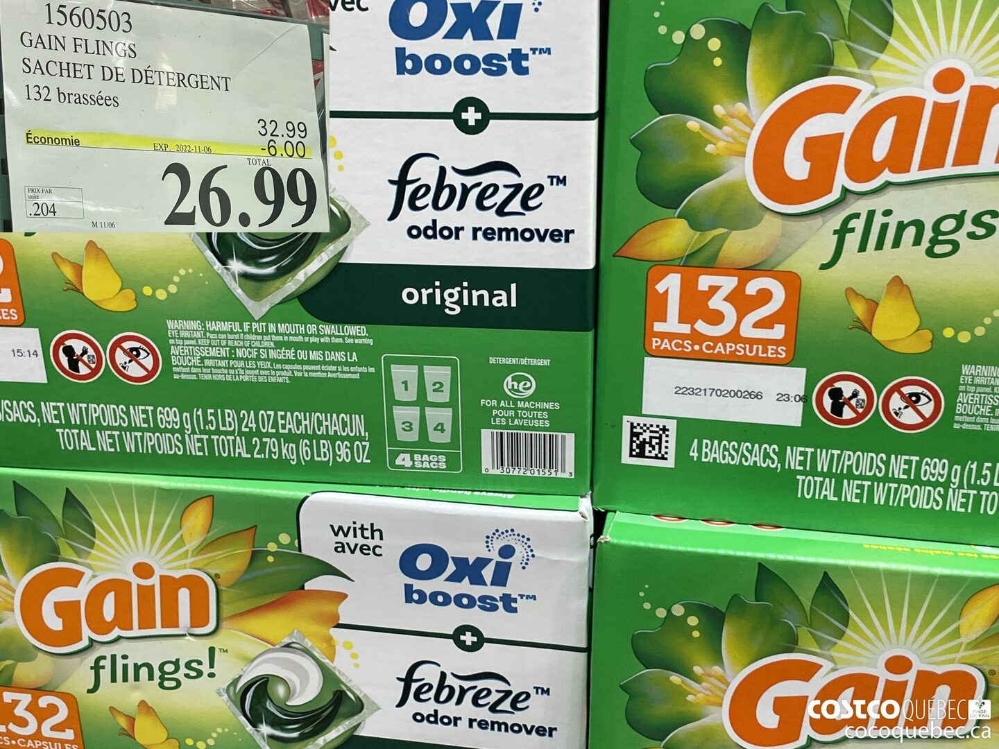 1360503 GAIN FLINGS SACHET DE DETERGENT 132 Brassées  ($6.00 INSTANT SAVINGS EXPIRES ON 2022-11-06) $26.99