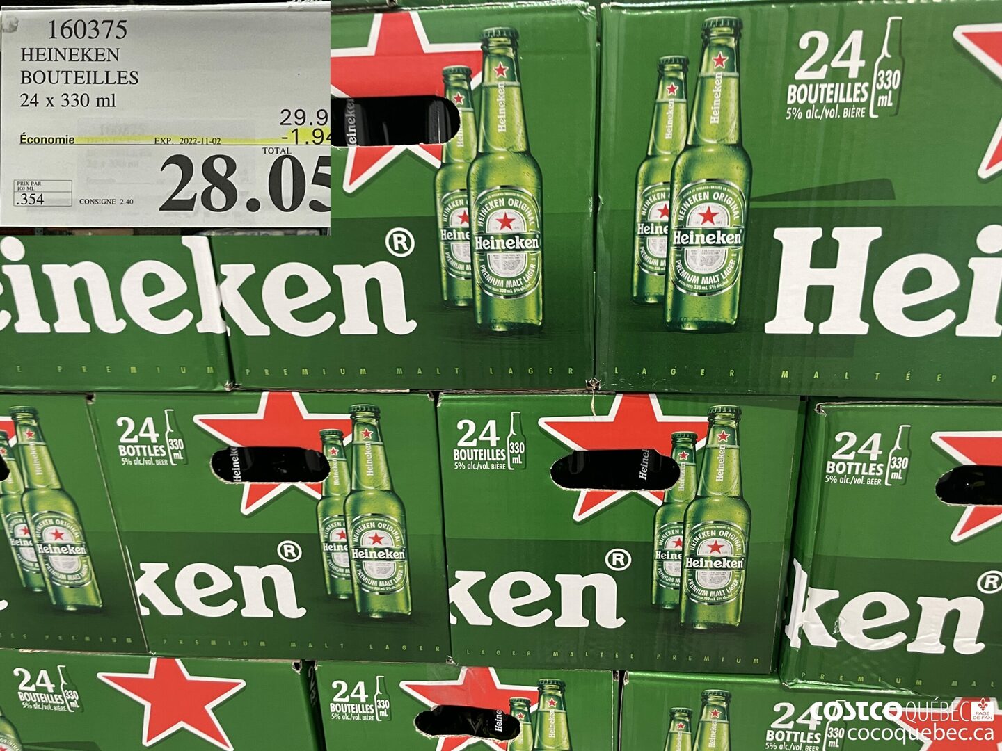 160375 HEINEKEN BOUTEILLES 24 x 330 ml ($1.94 INSTANT SAVINGS EXPIRES ON 2022-11-02) $28.05