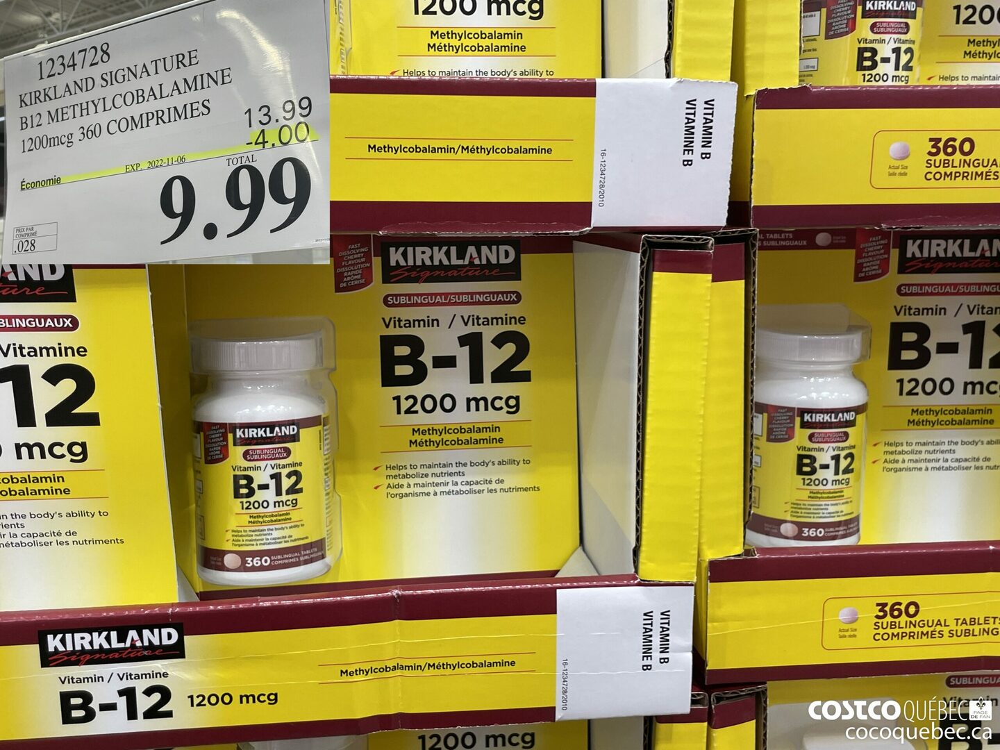 1234728 KIRKLAND SIGNATURE B12 METHYLCOBALAMINE 1200 MCG 360 COMPRIMES ($4.00 INSTANT SAVINGS EXPIRES ON 2022-11-06) $9.99