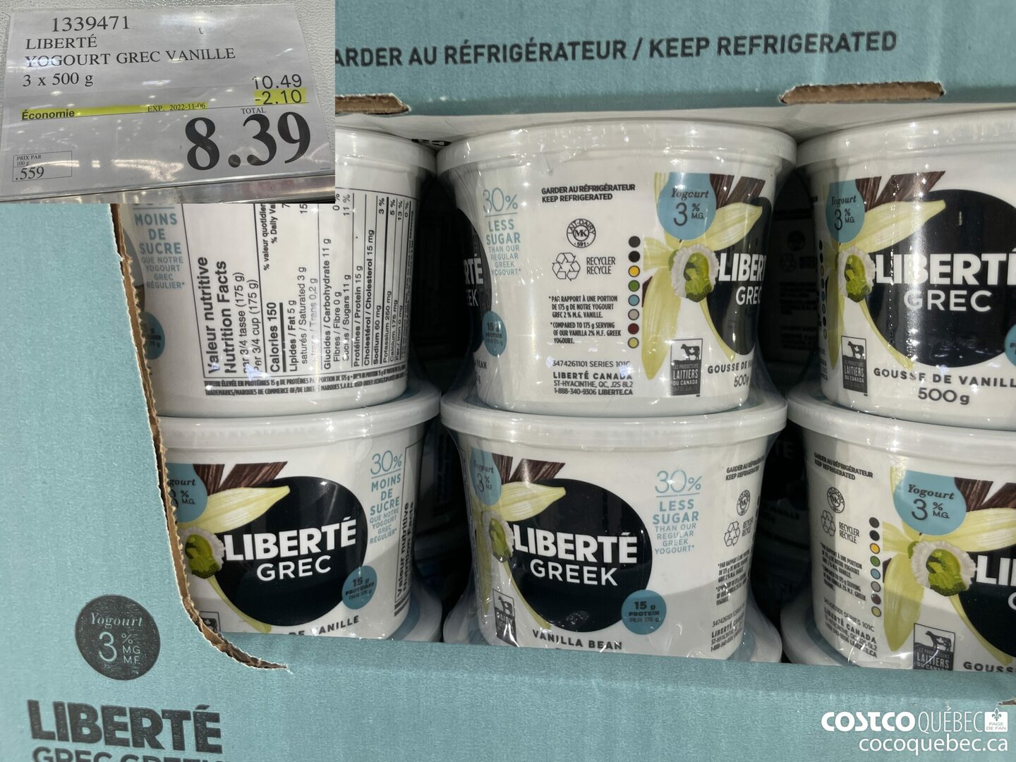 1339471 LIBERTE YOGOURT GREC VANILLE 3 x 500 g ($2.10 INSTANT SAVINGS EXPIRES ON 2022-11-06) $8.39