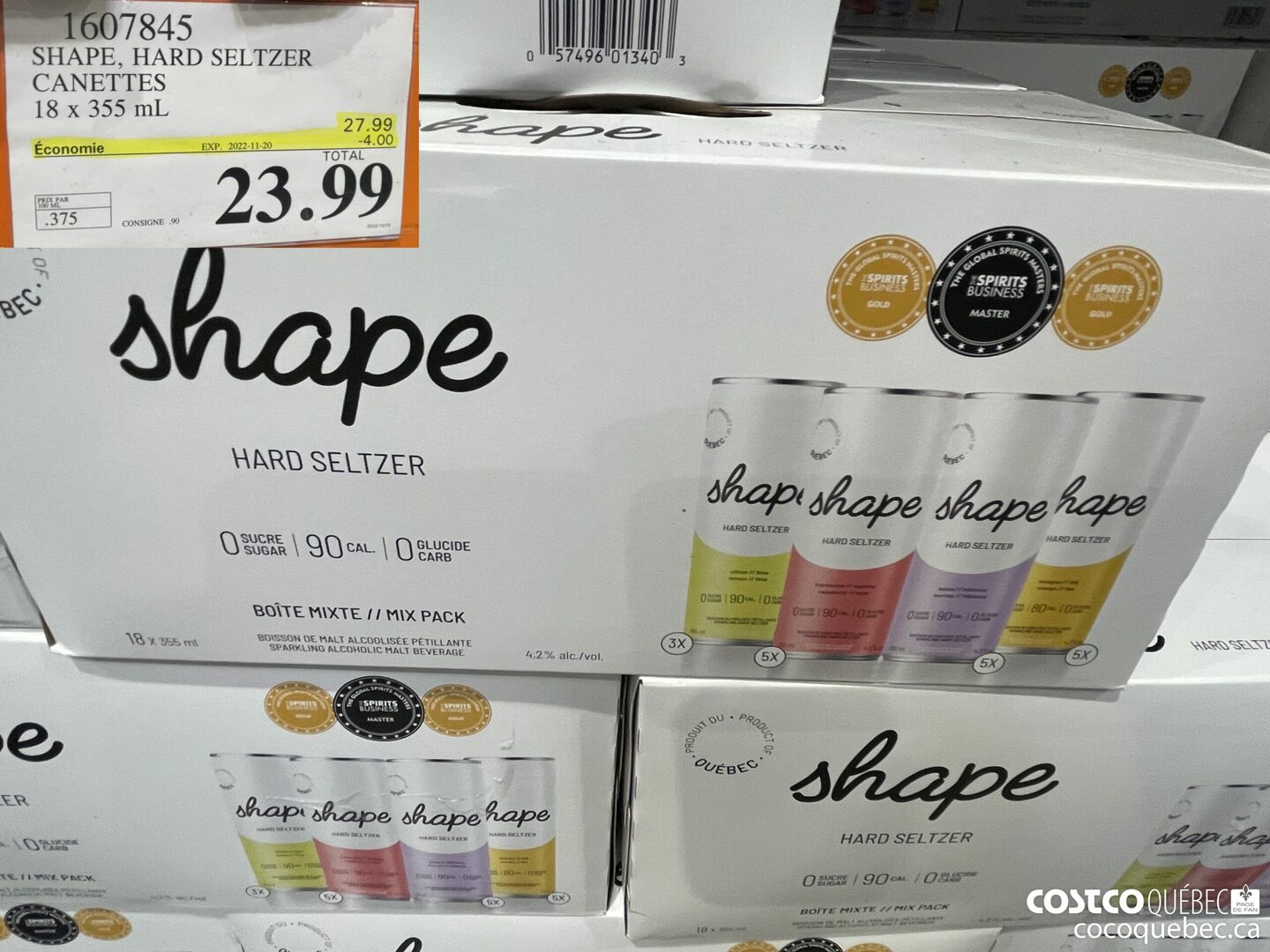 1607845 SHAPE, HARD SELTZER CANETTES 18x 359° mL ($4.00 INSTANT SAVINGS EXPIRES ON 2022-11-20) $23.99