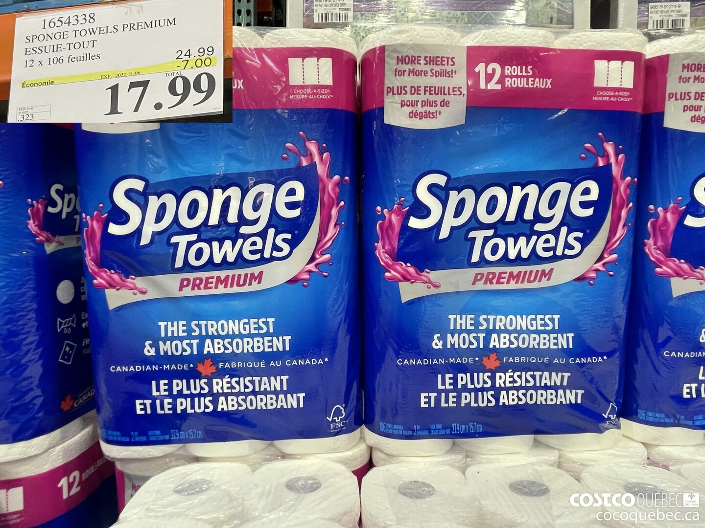 1654335 SPONGE TOWELS PREMIUM ESSUIE- -TOUT 12 x 106 feuilles ($7.00 INSTANT SAVINGS EXPIRES ON 2022-11-06) $17.99