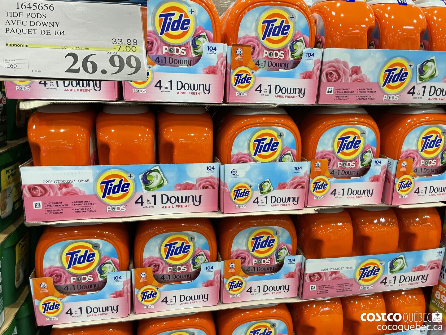 1645656 TIDE PODS AVEC DOWNY PAQUET DE 104 ($7.00 INSTANT SAVINGS EXPIRES ON 2022-11-06) $26.99