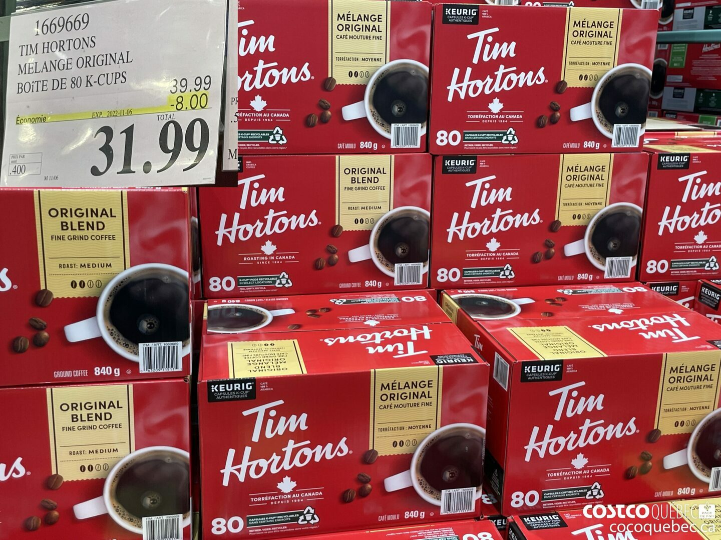 1669669 TIM HORTONS ; MELANGE ORIGINAL DE 80 K-CUPS ($8.00 INSTANT SAVINGS EXPIRES ON 2022-11-06) $31.99