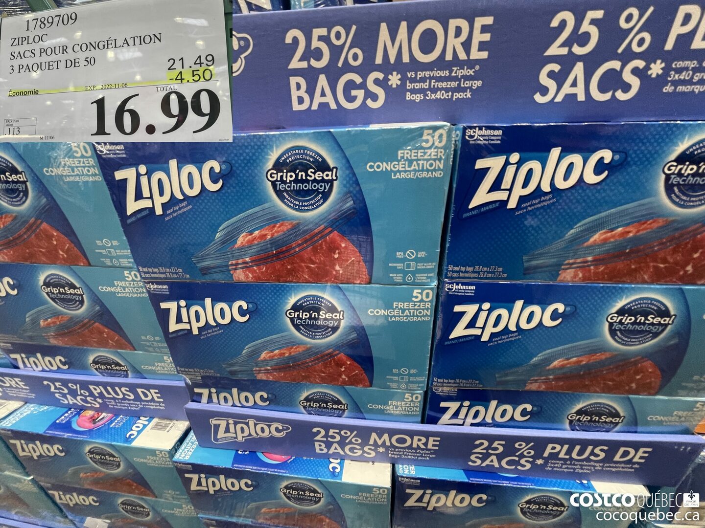 178709 ZIPLOC SACS POUR CONGELATION 3 PAQUET DE 50 ($4.50 INSTANT SAVINGS EXPIRES ON 2022-11-06) $16.99