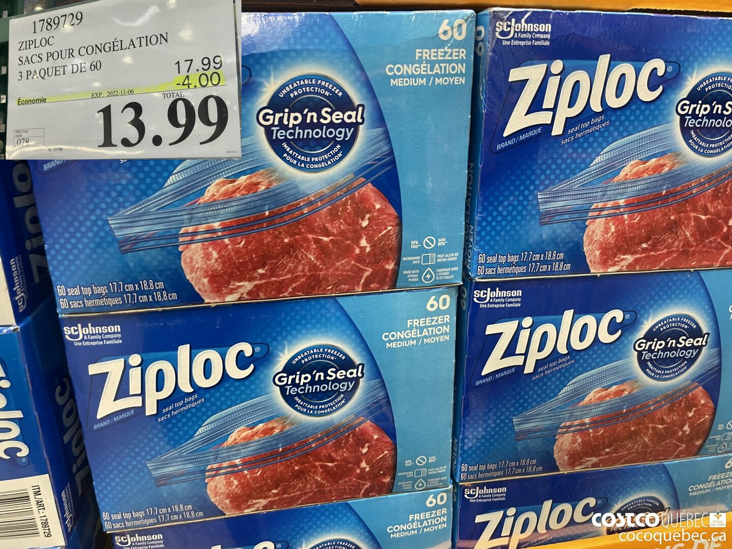 1780729 ZIPLOC SACS POUR CONGELATION 3 PAQUET DE 60 ($4.00 INSTANT SAVINGS EXPIRES ON 2022-11-06) $13.99