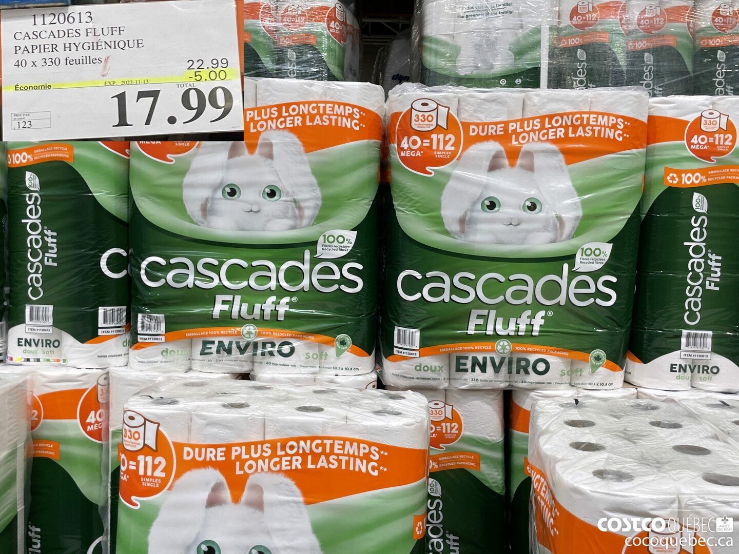 1120613 CASCADES FLUFF PAPIER HYGIENIQUE 40 x 330 feuilles  ($5.00 INSTANT SAVINGS EXPIRES ON 2022-11-13) $17.99