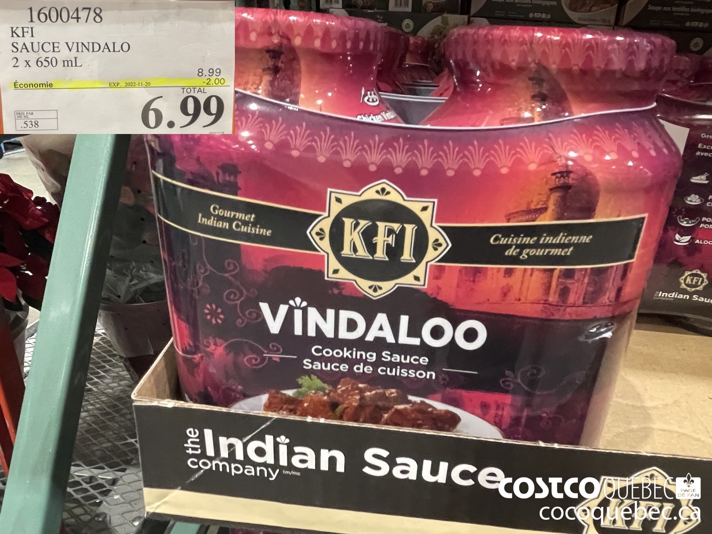 1600478 KFI SAUCE VINDALO 2 x 650 mL  ($2.00 INSTANT SAVINGS EXPIRES ON 2022-11-20) $6.99