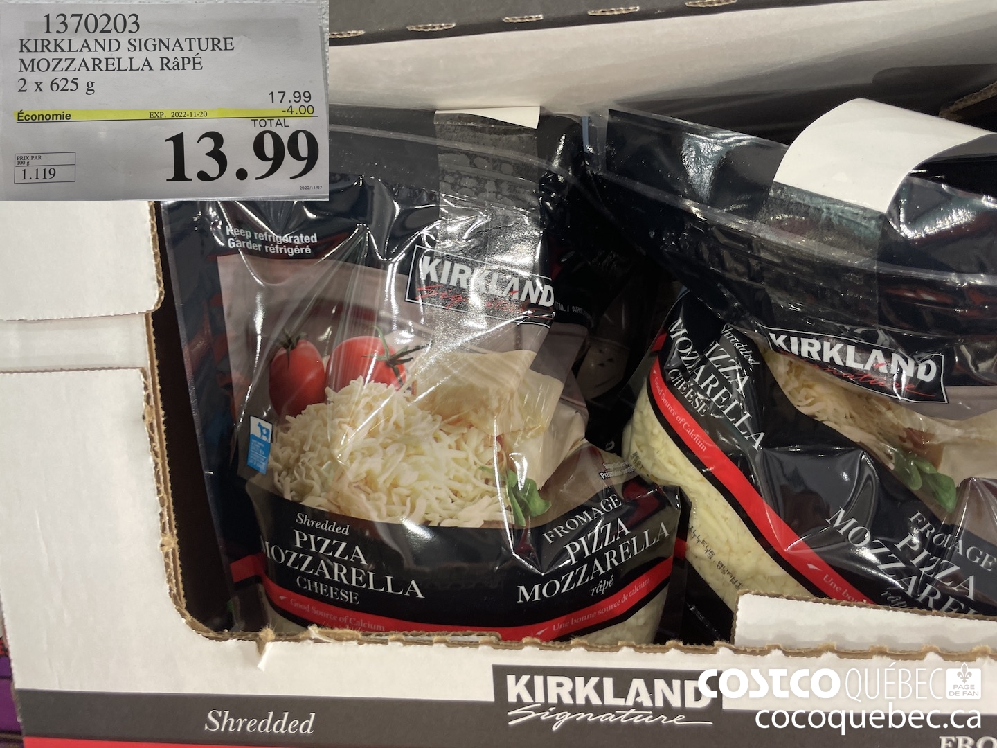 1370203 KIRKLAND SIGNATURE MOZZARELLA RAPE 2 X 625G ($4.00 INSTANT SAVINGS EXPIRES ON 2022-11-20) $13.99