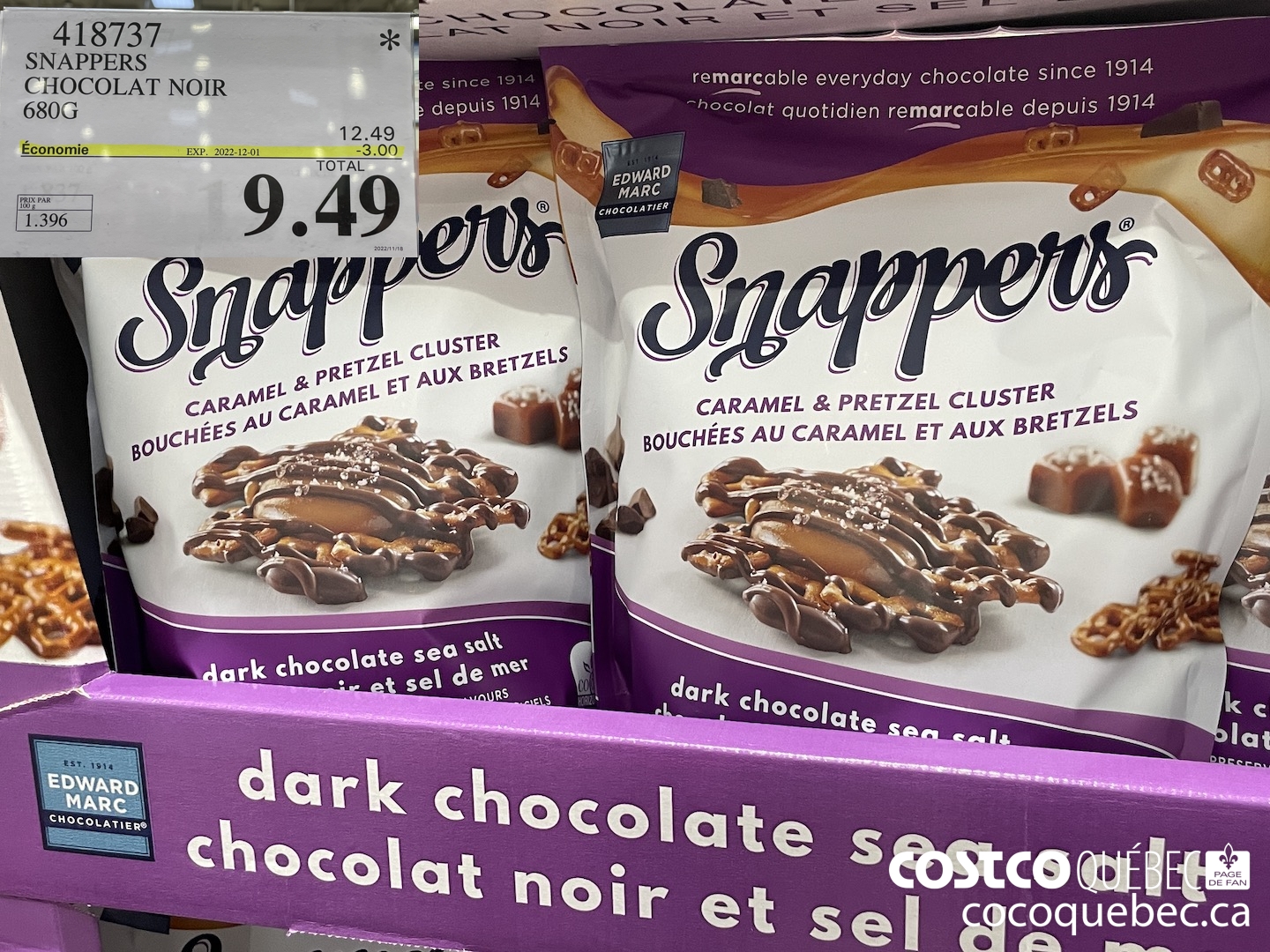 418737 SNAPPER CHOCOLAT NOIR 680G ($3.00 INSTANT SAVINGS EXPIRES ON 2029-12-01) $9.49