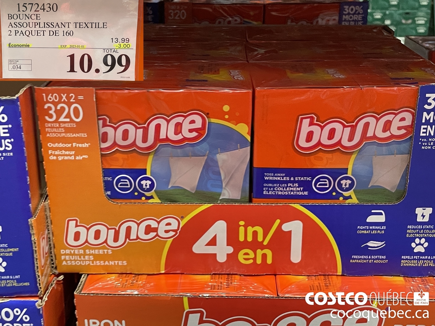 15372430 BOUNCE ASSOUPLISSANT TEXTILE 2 PAQUET DE 160 10. Ne oo TOTAL  ($3.00 INSTANT SAVINGS EXPIRES ON 2023-01-01) $10.99
