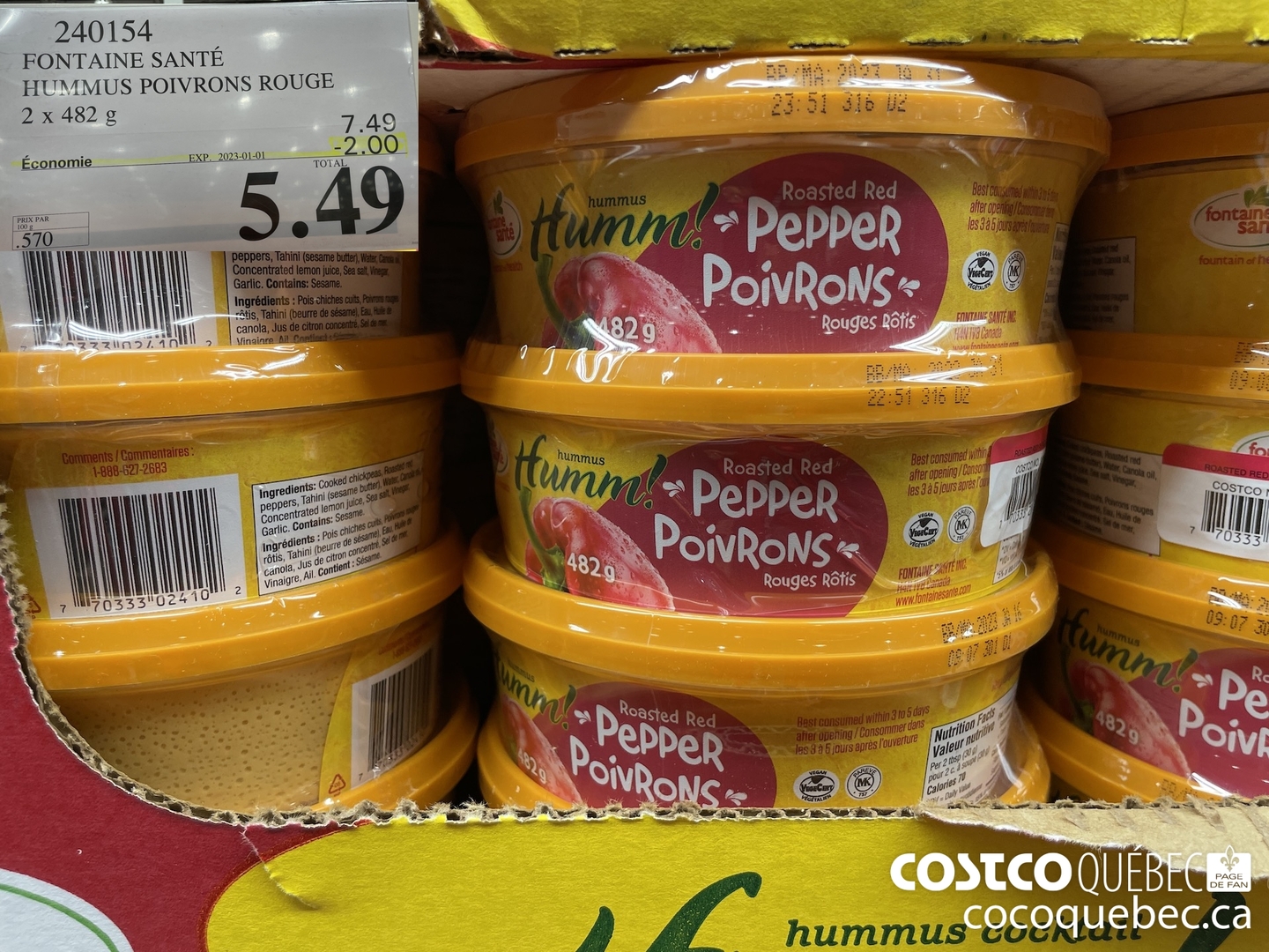 240154 FONTAINE SANTE HUMMUS POIVRONS ROUGE 2 x 482 G le 5.49: 2022/12/05  ($2.00 INSTANT SAVINGS EXPIRES ON 2023-01-01) $5.49