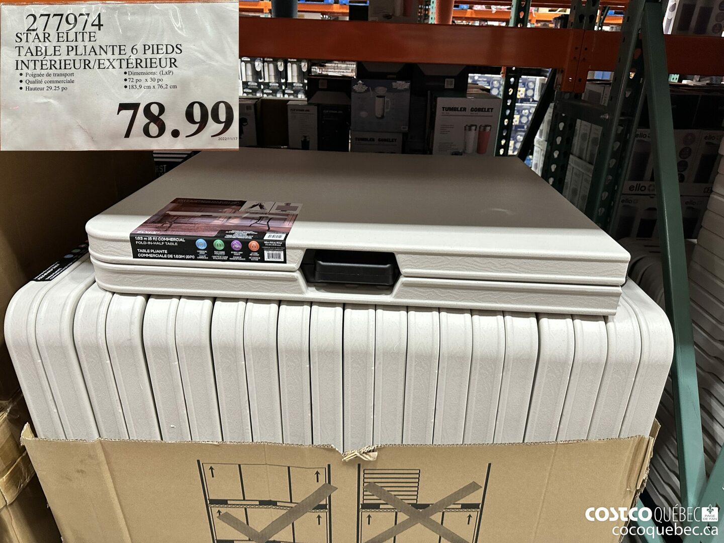 277974 STAR ELITE TABLE PLIANTE 6 PIEDS ~ INTERIEUR/ EXTERIEUR @ Poignée de ce reat ® Qualité erciale ieee ae @ Ha eae @183,9 cm x 76,2 cm  $78.99