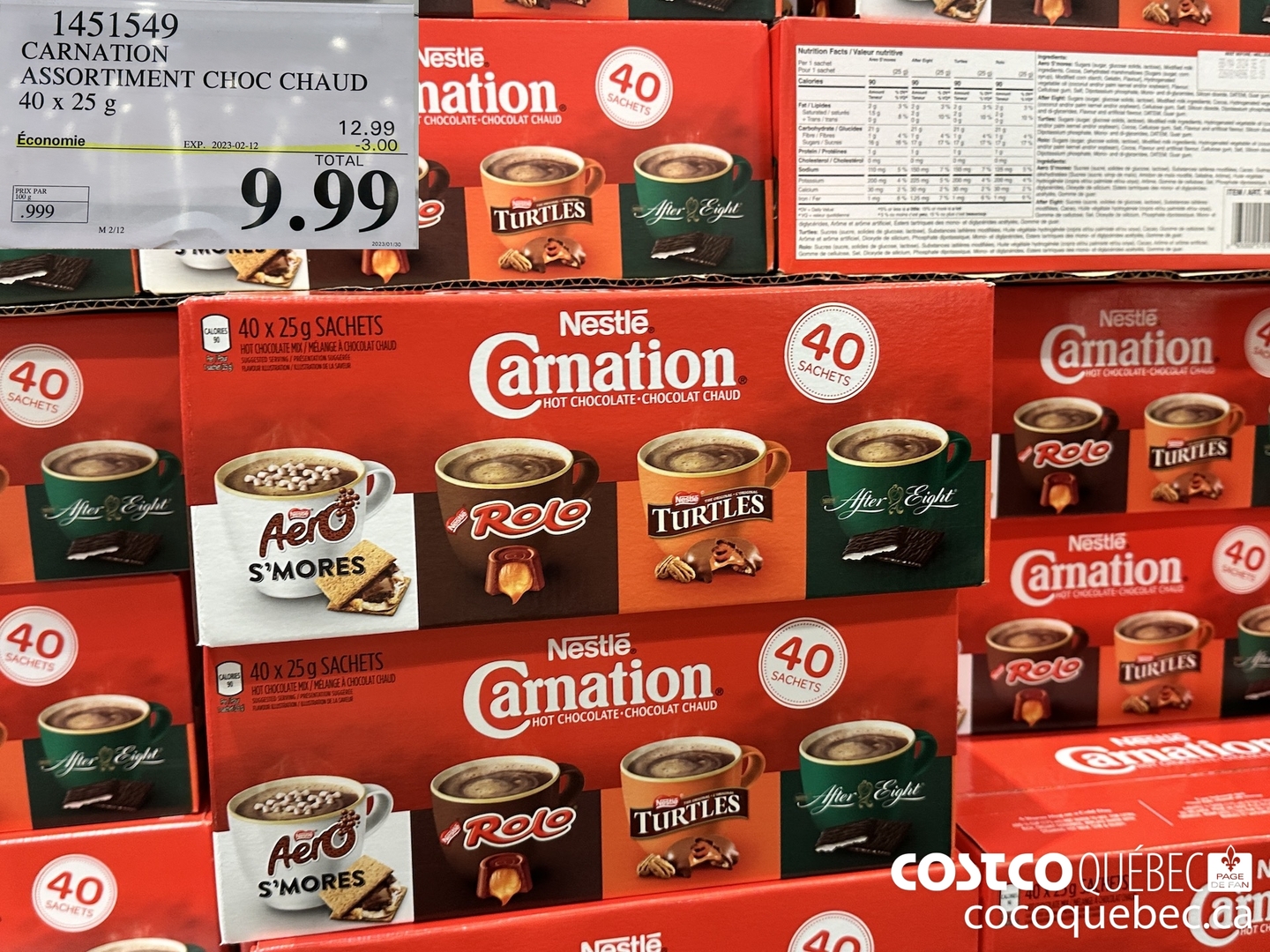 1451549 CARNATION ASSORTIMENT CHOC CHAUD 40 x 25 g =3.00 TOTAL 2 M 2/12 e ——S aa  ($3.00 INSTANT SAVINGS EXPIRES ON 2023-02-12) $9.99