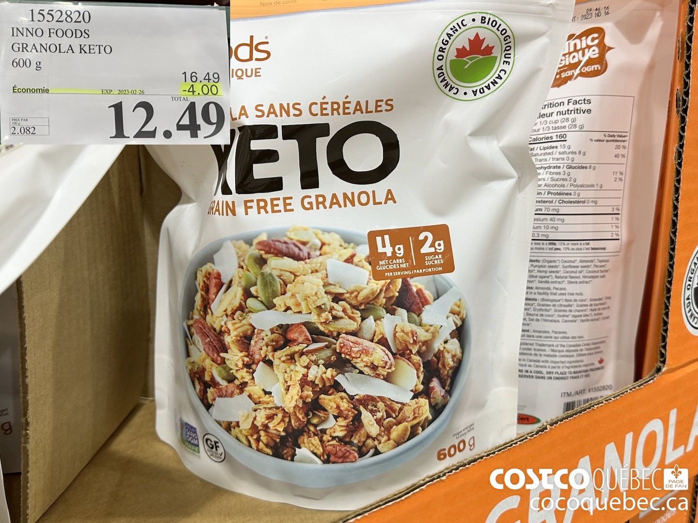 1552820 INNO FOODS GRANOLA KETO 600 G  ($4.00 INSTANT SAVINGS EXPIRES ON 2023-02-26) $12.49