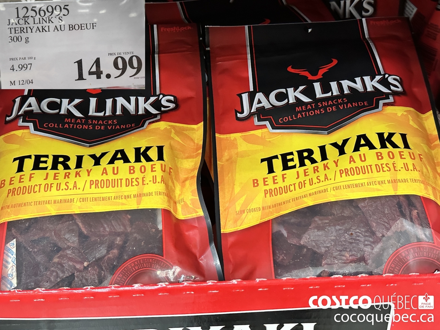 1256995 JACK LINK S TERIYAKI AU BOEUF 300 g $14.99