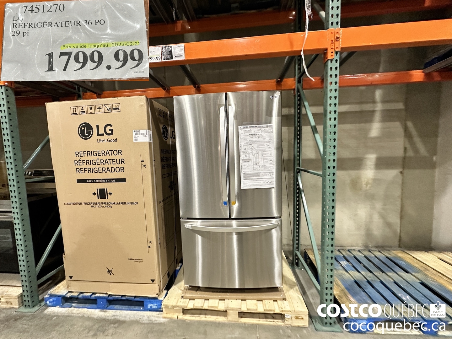 7451270 LG REFRIGERATEUR 36 PO 29 PI  (EXPIRES ON 2023-02-22) $1799.99