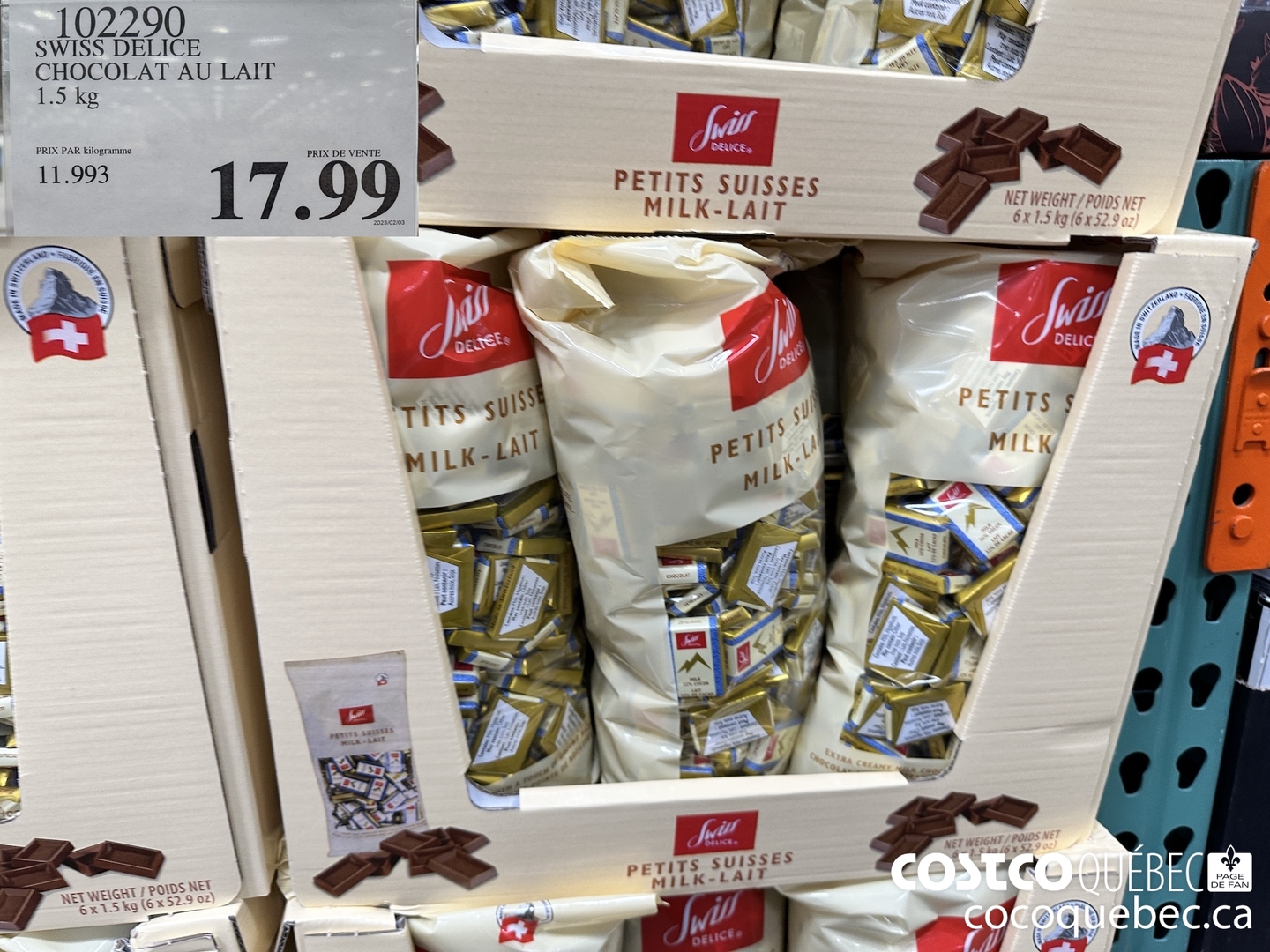 102290 SWISS DELICE CHOCOLAT AU LAIT 1.5 kg $17.99