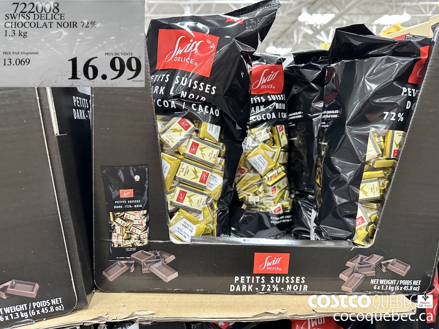 122008 SWISS DELICE CHOCOLAT NOIR 72% 1.3. kg $16.99