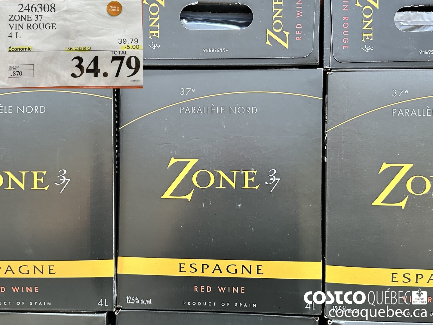 246308 ZONE 37 VIN ROUGE 4L  ($5.00 INSTANT SAVINGS EXPIRES ON 2023-03-05) $34.79