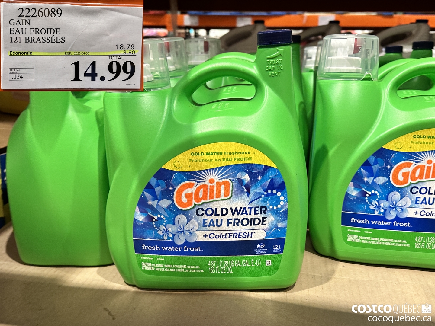 2226089 GAIN EAU FROIDE DETERGENT LIQUIDE 121 BRASSEES ($3.80 INSTANT SAVINGS EXPIRES ON 2023-04-30) $14.99