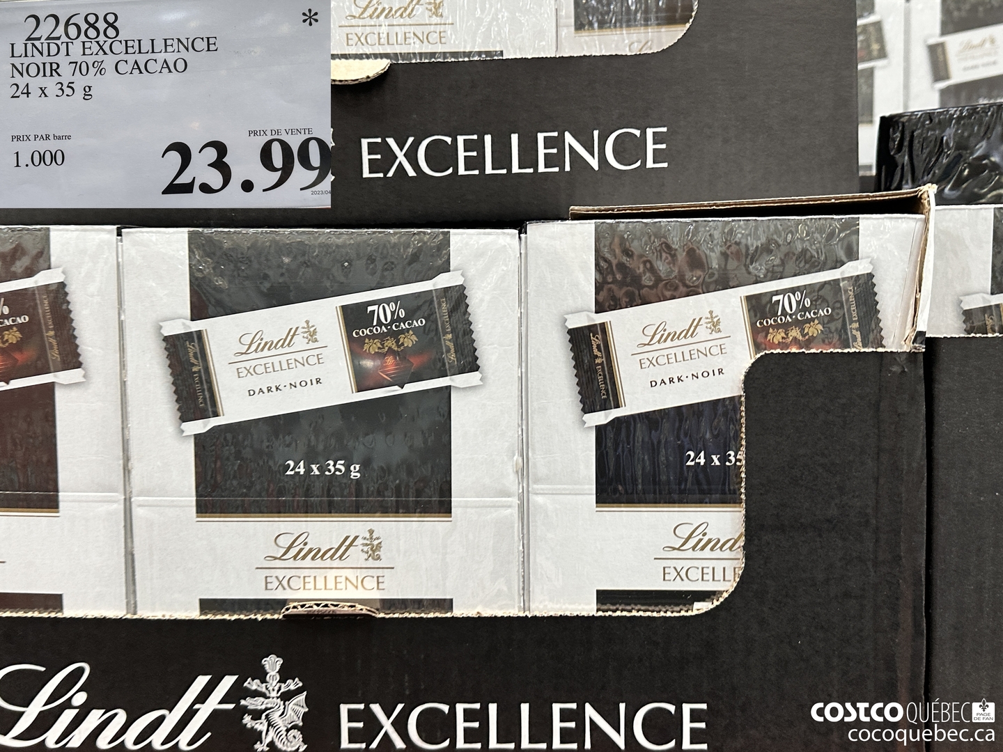 22688 LINDT EXCELLENCE NOIR 70% CACAO $23.99