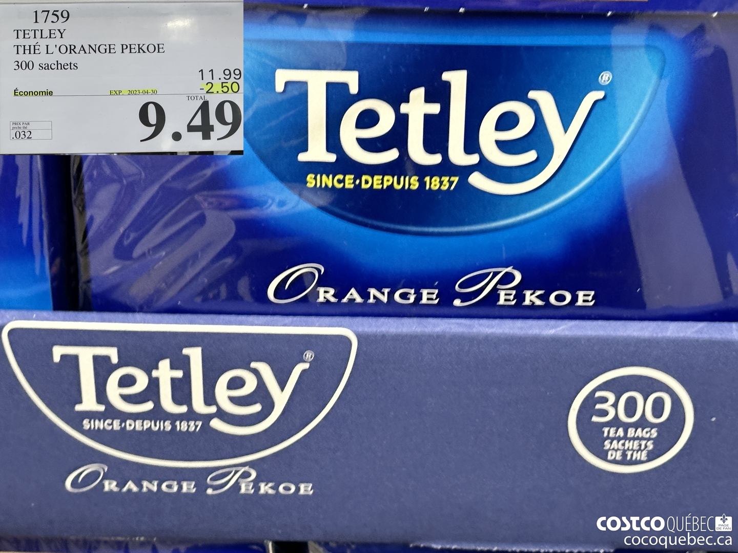 1759 TETLEY THE L'ORANGE PEKOE 300 SACHETS ($2.50 INSTANT SAVINGS EXPIRES ON 2023-04-30) $9.49