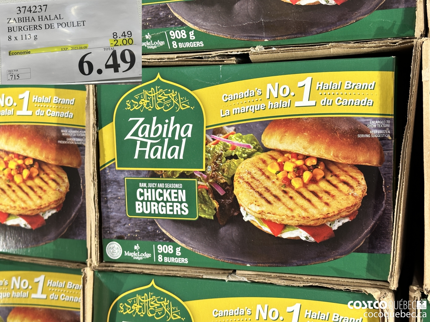 374237 ZABIHA HALAL BURGERS DE POULET 8x 113g ($2.00 INSTANT SAVINGS EXPIRES ON 2023-04-09) $6.49