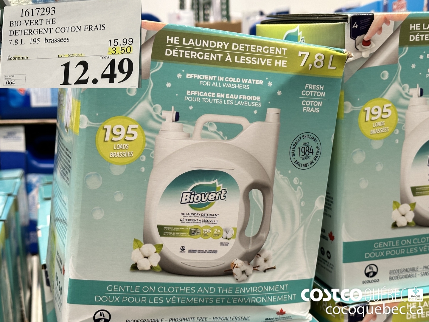 1617293 BIO-VERT HE DETERGENT COTON FRAIS 7.8L 195 brassees ($3.50 INSTANT SAVINGS EXPIRES ON 2023-05-21) $12.49