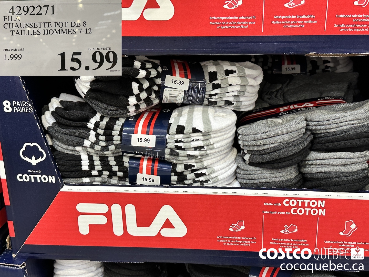 4292271 CHAUSSETTE PQT DE 8 TAILLES HOMMES 7-12 PRIX PAR unité PRIX DE VENTE  $15.99