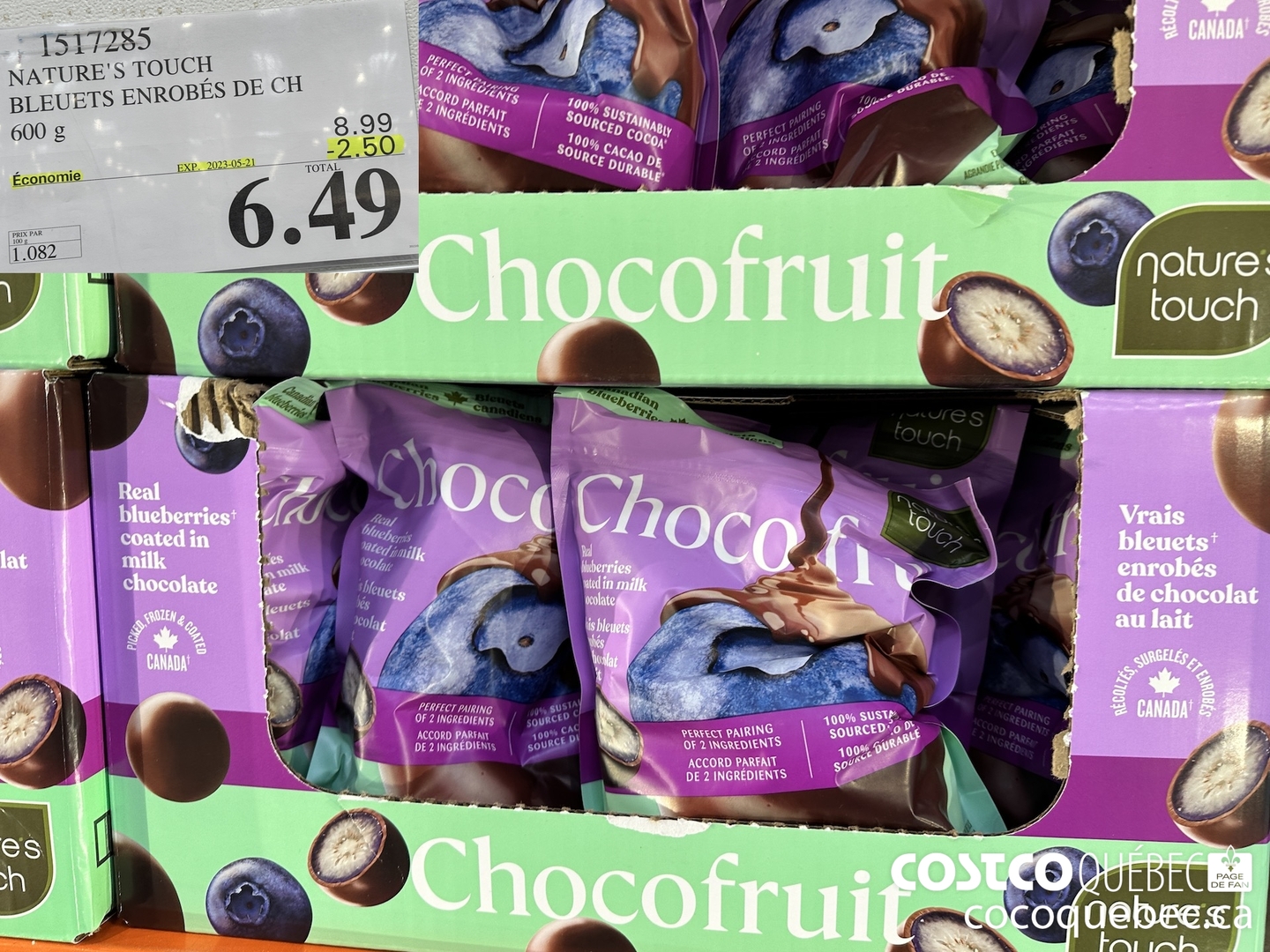 7517285 NATURE'S TOUCH BLEUETS ENROBES DE CH 600 g  ($2.50 INSTANT SAVINGS EXPIRES ON 2023-05-21) $6.49