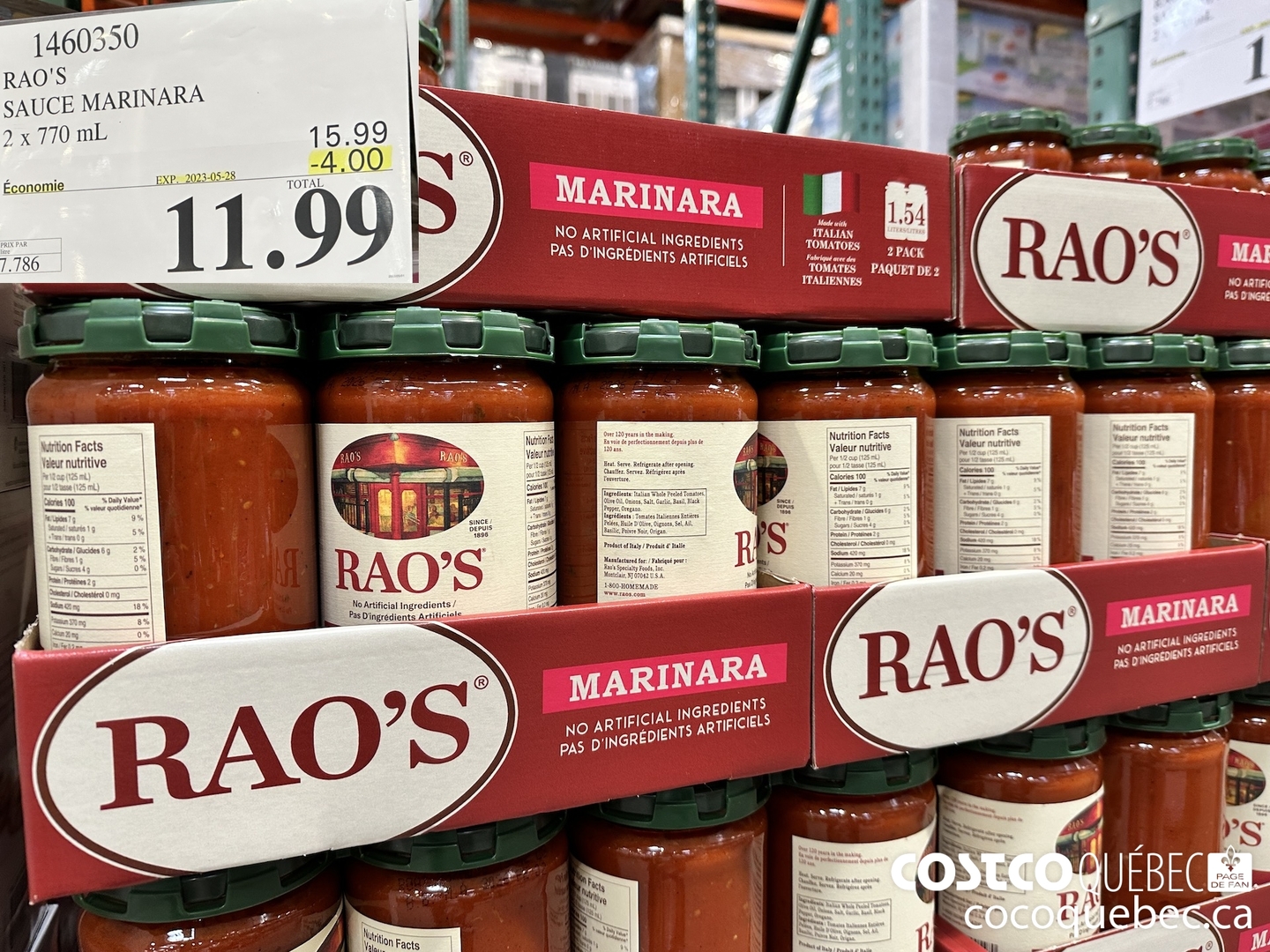 1460350 RAO'S SAUCE MARINARA 9x 770 mL - ($4.00 INSTANT SAVINGS EXPIRES ON 2023-05-28) $11.99