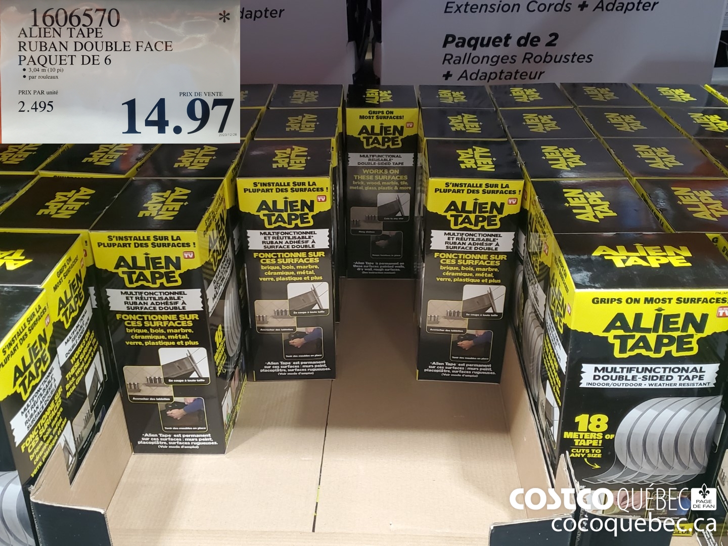 1606570 ALIEN TAPE RUBAN DOUBLE FACE PAQUET DE 6 3,04 m (10 pi) par rolleaux $14.97