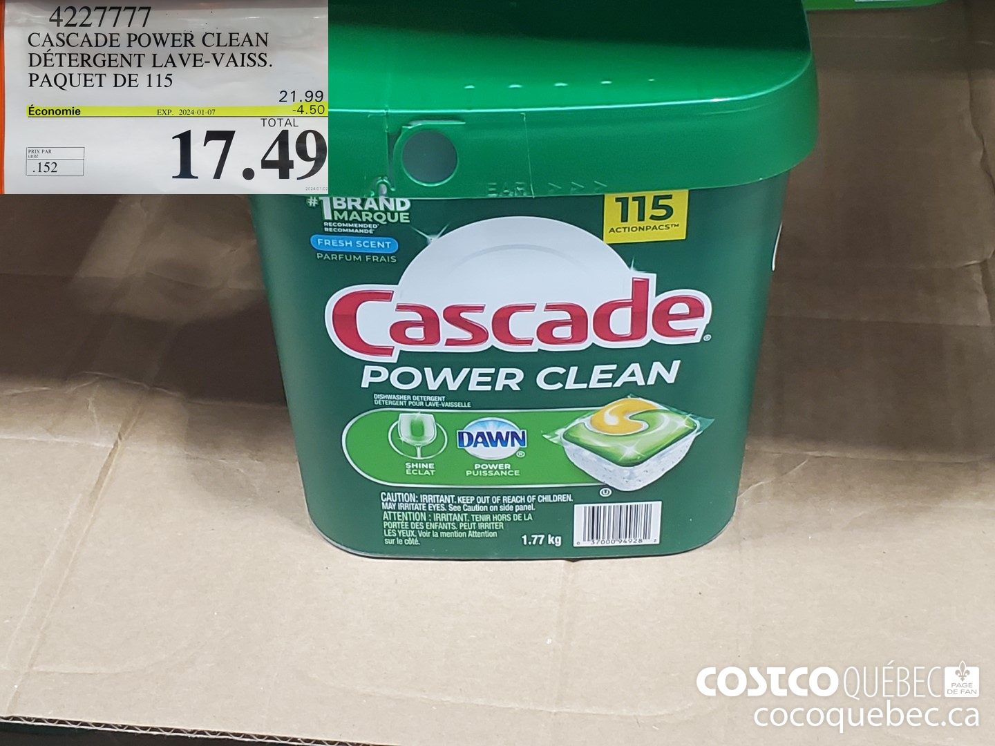 4227777 CASCADE POWER CLEAN DETERGENT LAVE-VAISS. PAQUET DE 115  ($4.50 INSTANT SAVINGS EXPIRES ON 2024-01-07) $17.49