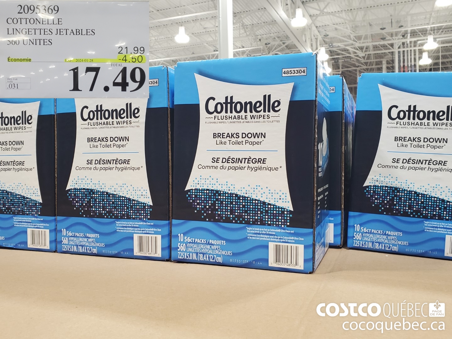 2095369 COTTONELLE LINGETTES JETABLES 560 UNITES  ($4.50 INSTANT SAVINGS EXPIRES ON 2024-01-28) $17.49