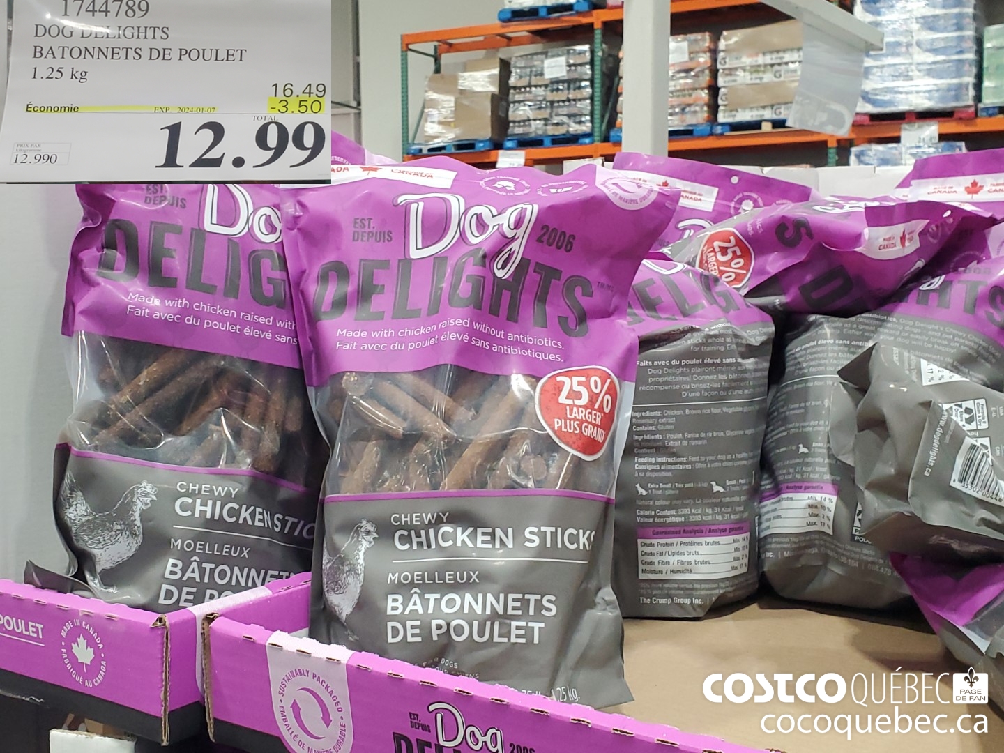 1744789 DOG DELIGHTS BATONNETS DE POULET 1.25 kg  ($3.50 INSTANT SAVINGS EXPIRES ON 2024-01-07) $12.99