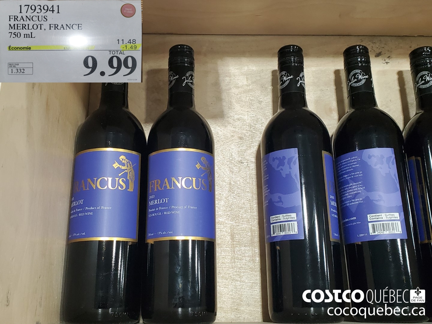 1793941 FRANCUS MERLOT, FRANCE 750 mL  ($1.49 INSTANT SAVINGS EXPIRES ON 2024-01-21) $9.99