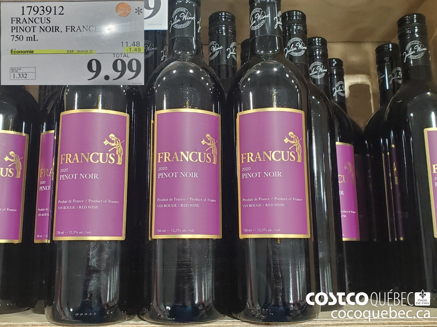 1793912 FRANCUS PINOT NOIR, FRANCe 750 mL ($1.49 INSTANT SAVINGS EXPIRES ON 2024-01-21) $9.99