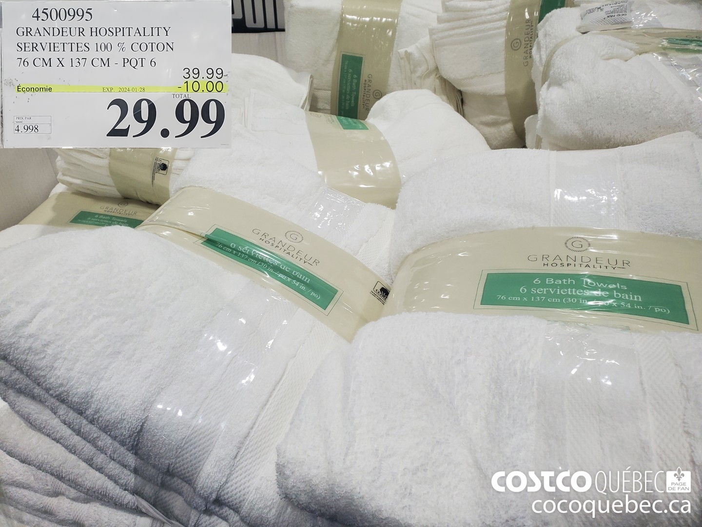 4500995 GRANDEUR HOSPITALITY SERVIETTES 100 % COTON 76 CM X 137 CM - PQT 6 ($10.00 INSTANT SAVINGS EXPIRES ON 2021-01-28) $29.99