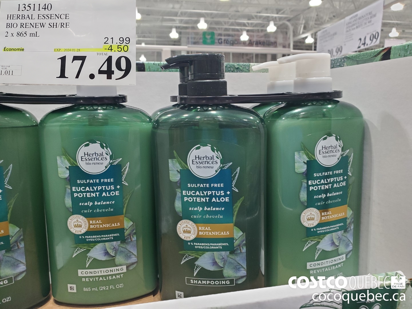 1351140 HERBAL ESSENCE BIO RENEW SH/RE 2 x 865 mL  ($4.50 INSTANT SAVINGS EXPIRES ON 2024-01-28) $17.49