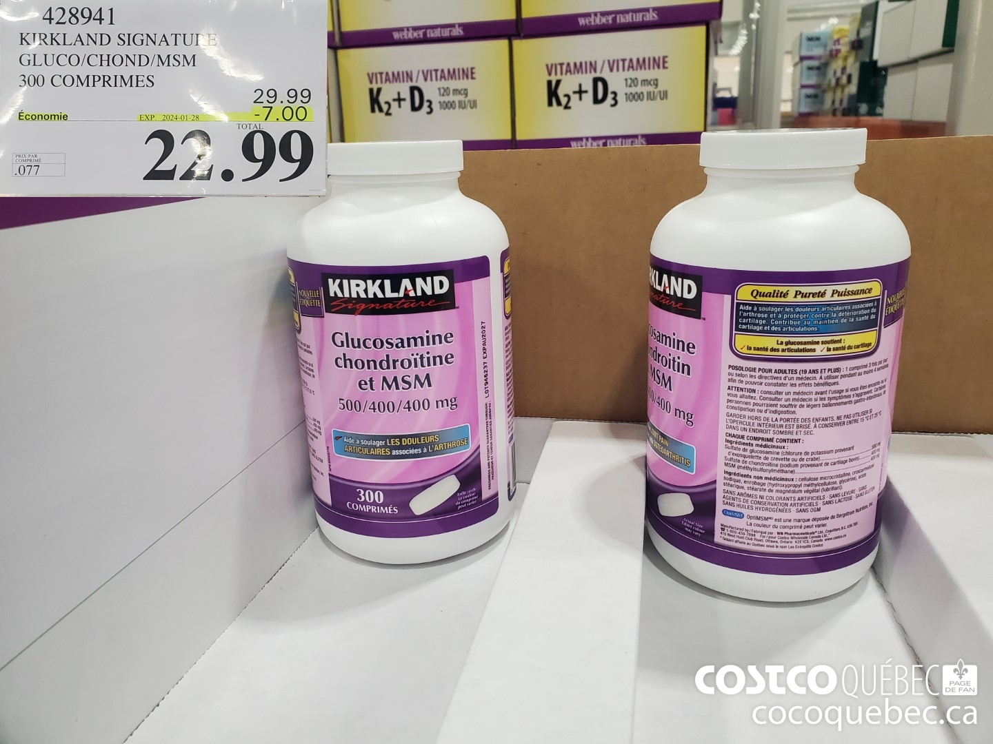 428941 KTRKLAND SIGNATURE GLUCO/CHOND/MSM 300 COMPRIMES  ($7.00 INSTANT SAVINGS EXPIRES ON 2024-01-28) $22.99