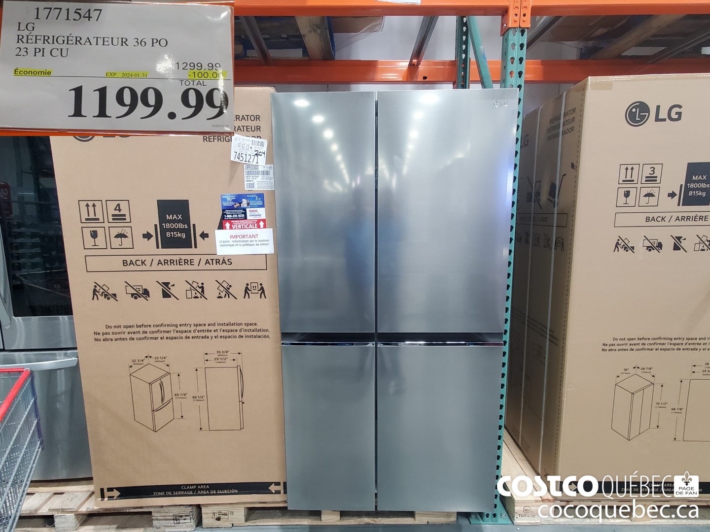 1771547 LG REFRIGERATEUR 36 PO 23 PICU  ($100.00 INSTANT SAVINGS EXPIRES ON 2024-01-31) $1199.00