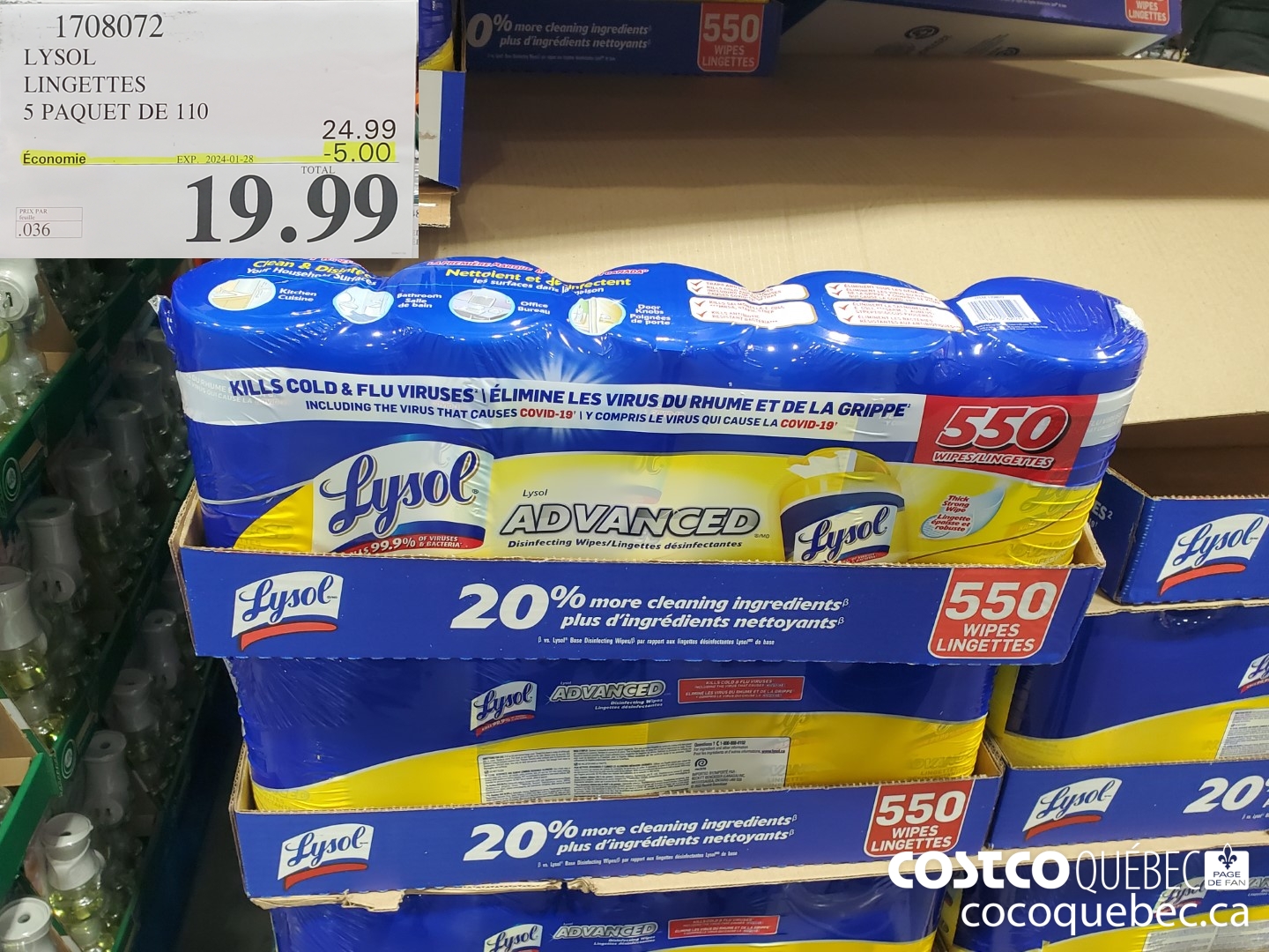 1708072 LYSOL LINGETTES 5 PAQUET DE 110  ($5.00 INSTANT SAVINGS EXPIRES ON 2024-01-28) $19.99