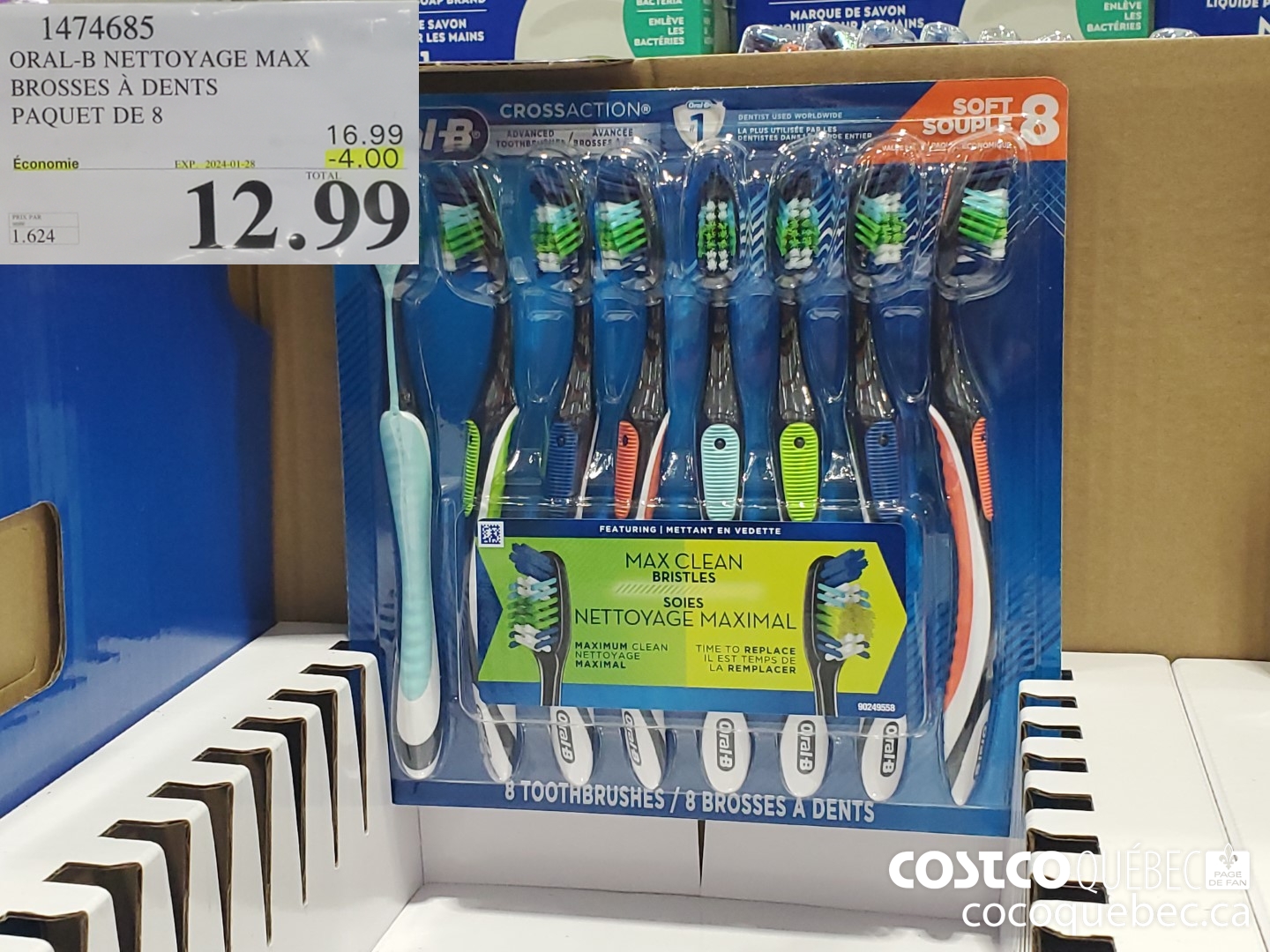 1474685 ORAL- B 3 NETTOYAGE MAX BROSSES A DENTS PAQUET DE 8 ($4.00 INSTANT SAVINGS EXPIRES ON 2024-01-28) $12.99