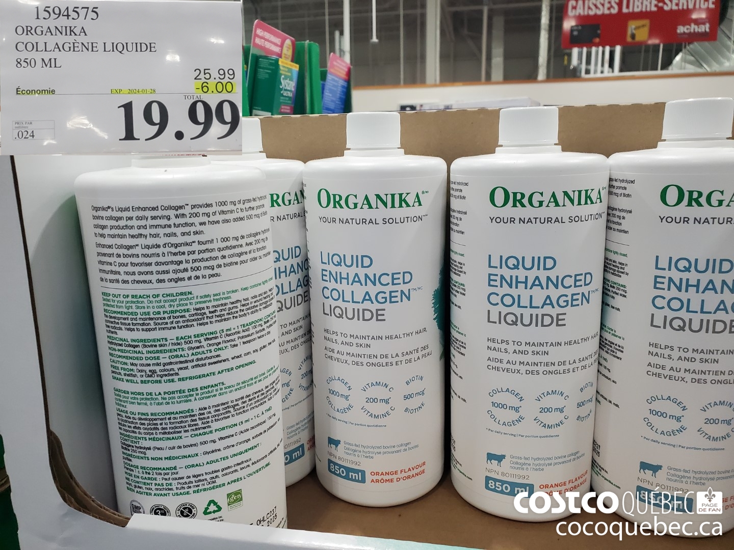 1594575 ORGANIKA COLLAGENE LIQUIDE 850 ML  ($6.00 INSTANT SAVINGS EXPIRES ON 2024-01-28) $19.99